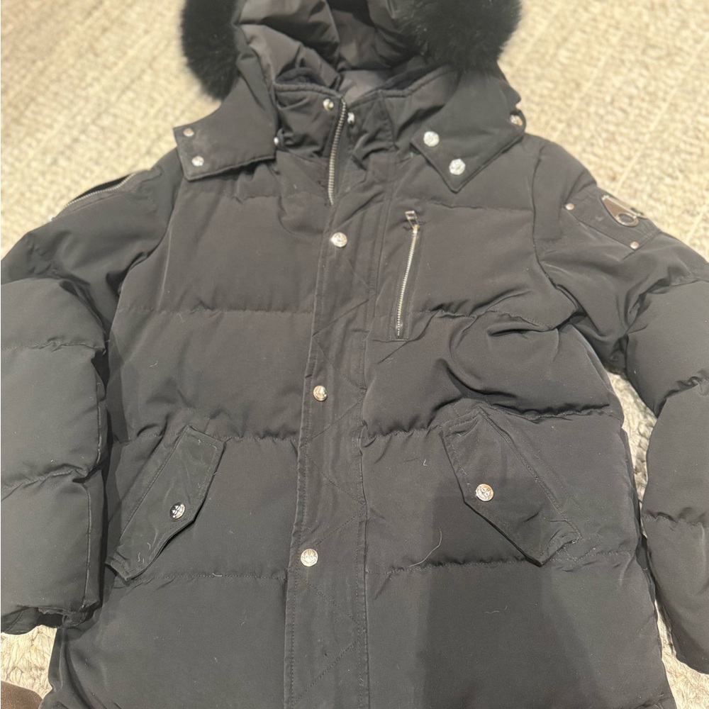 Moose Knuckles Black Jacket with Embroidered Hockey Design